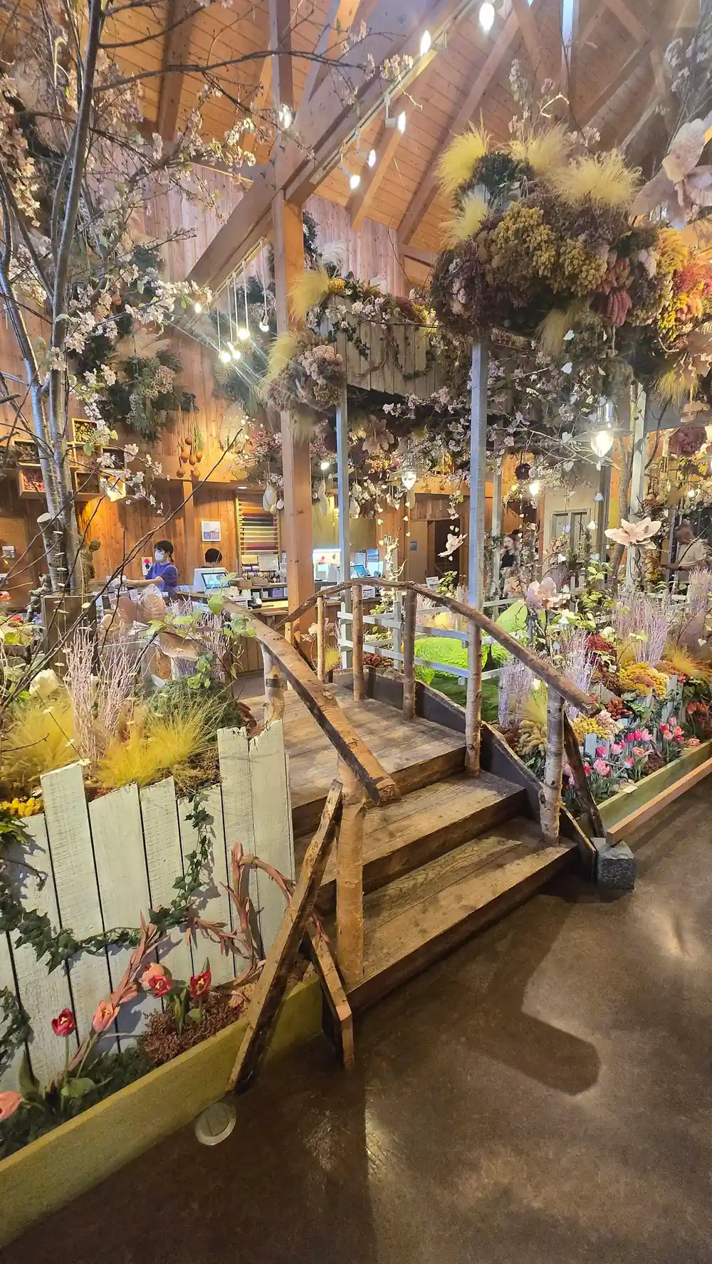Indoor botanical garden with wooden walkway