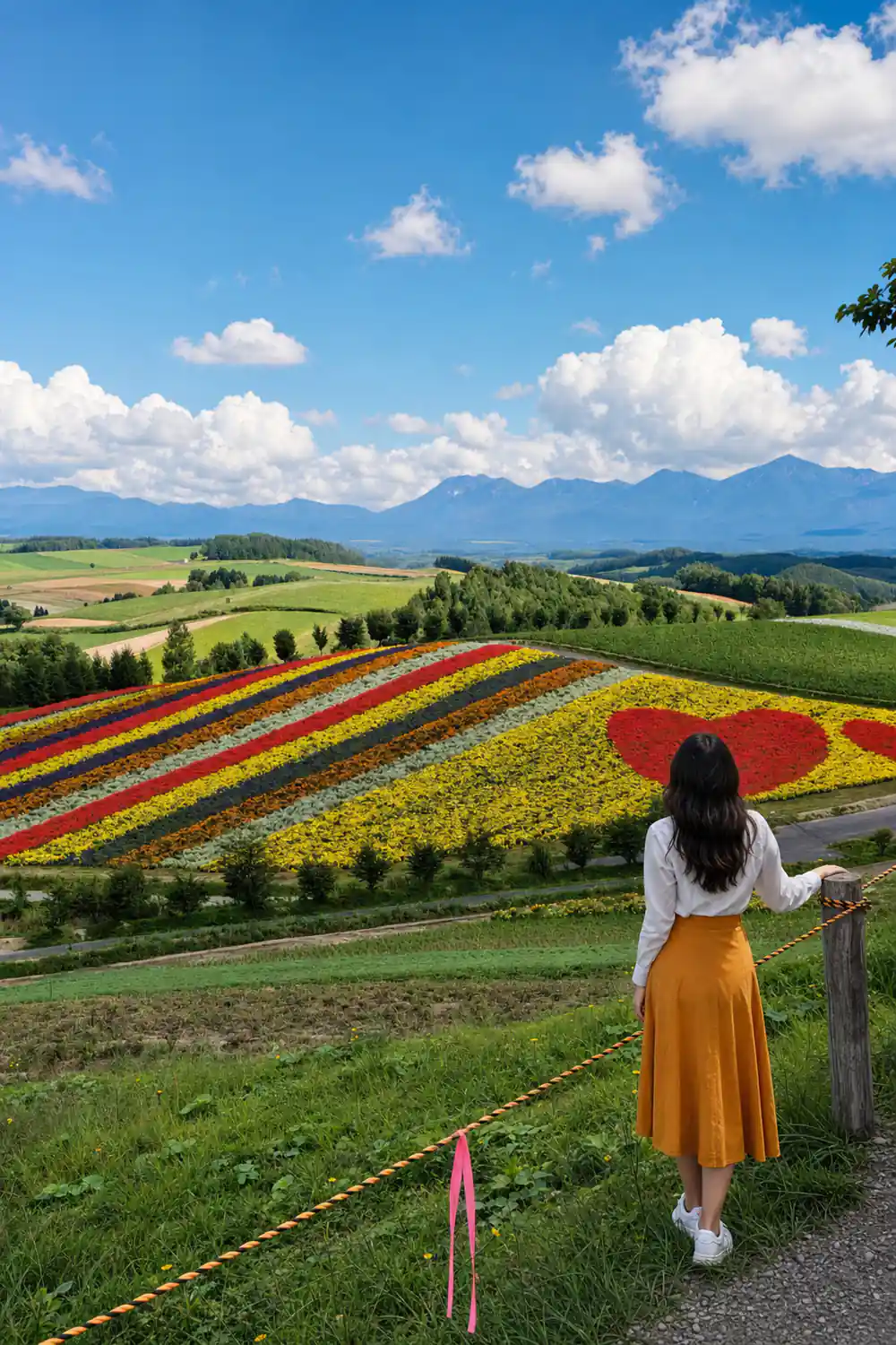 Patterned flower fields with mountains in distance