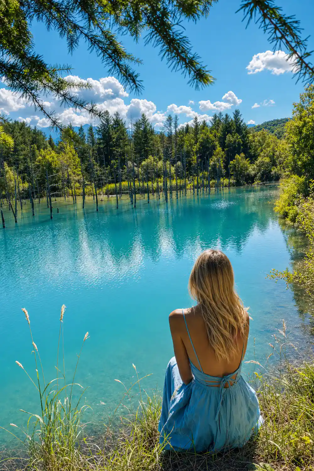 Person's hat silhouette overlooking turquoise lake