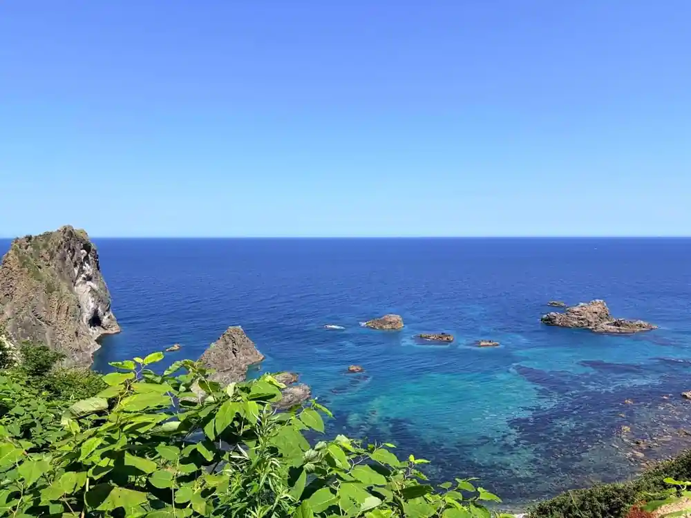 Rocky coastline with blue water and vegetation